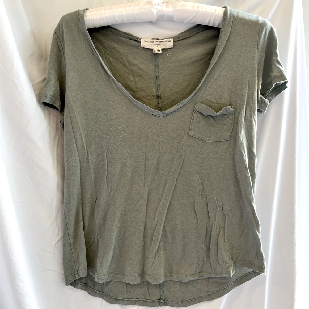 Soft, army green, V neck shirt